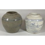 TWO VINTAGE CHINESE BLUE AND WHITE POTTERY GINGER JARS, HEIGHT 13CM