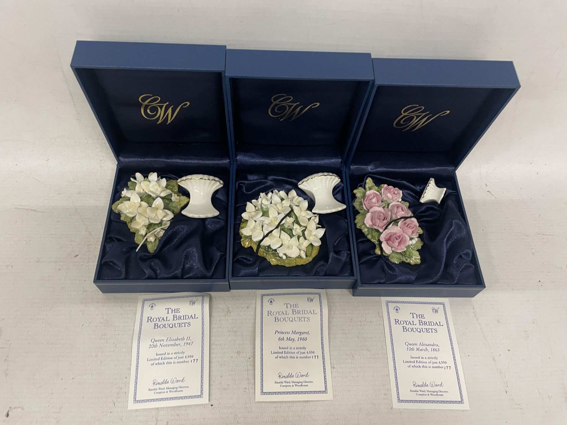 THREE BOXED CROMPTON AND WOODHOUSE 'THE BRIDAL BOUQUET' SETS TO INCLUDE QUEEN ELIZABETH II, PRINCESS