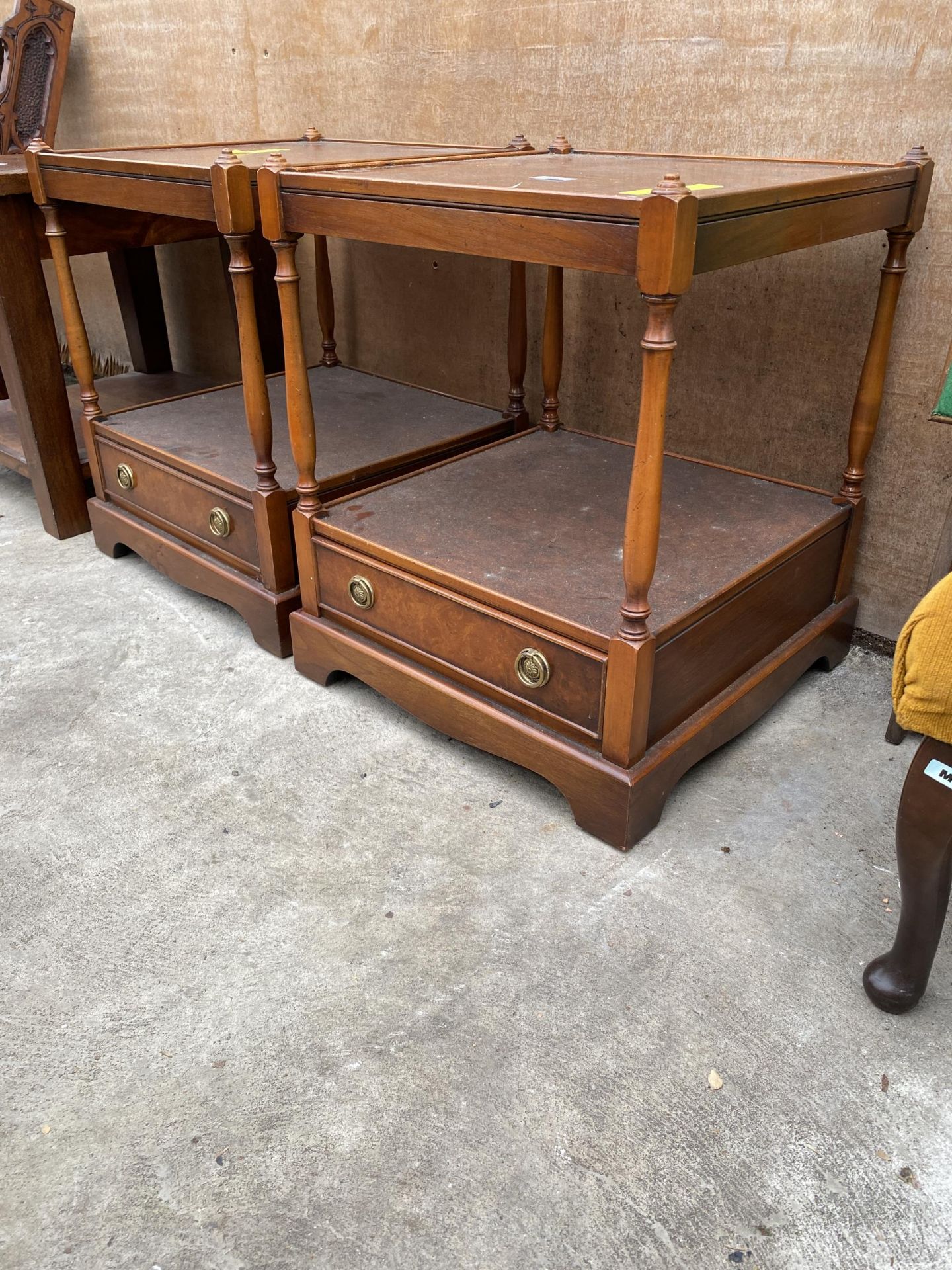 A PAIR OF WALNUT TWO TIER LAMP TABLES BY IAN SMITH REPRODUCTIONS, EACH WITH SINGLE DRAWER, 17" - Image 2 of 3