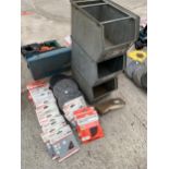 THREE GALVANISED STORAGE BOXES AND AN ASSORTMENT OF SANDING PADS