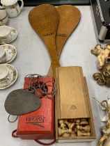 A BOXED SET OF CHESS PIECES AND A 'JOKARI' GAME WITH TWO WOODEN BATS