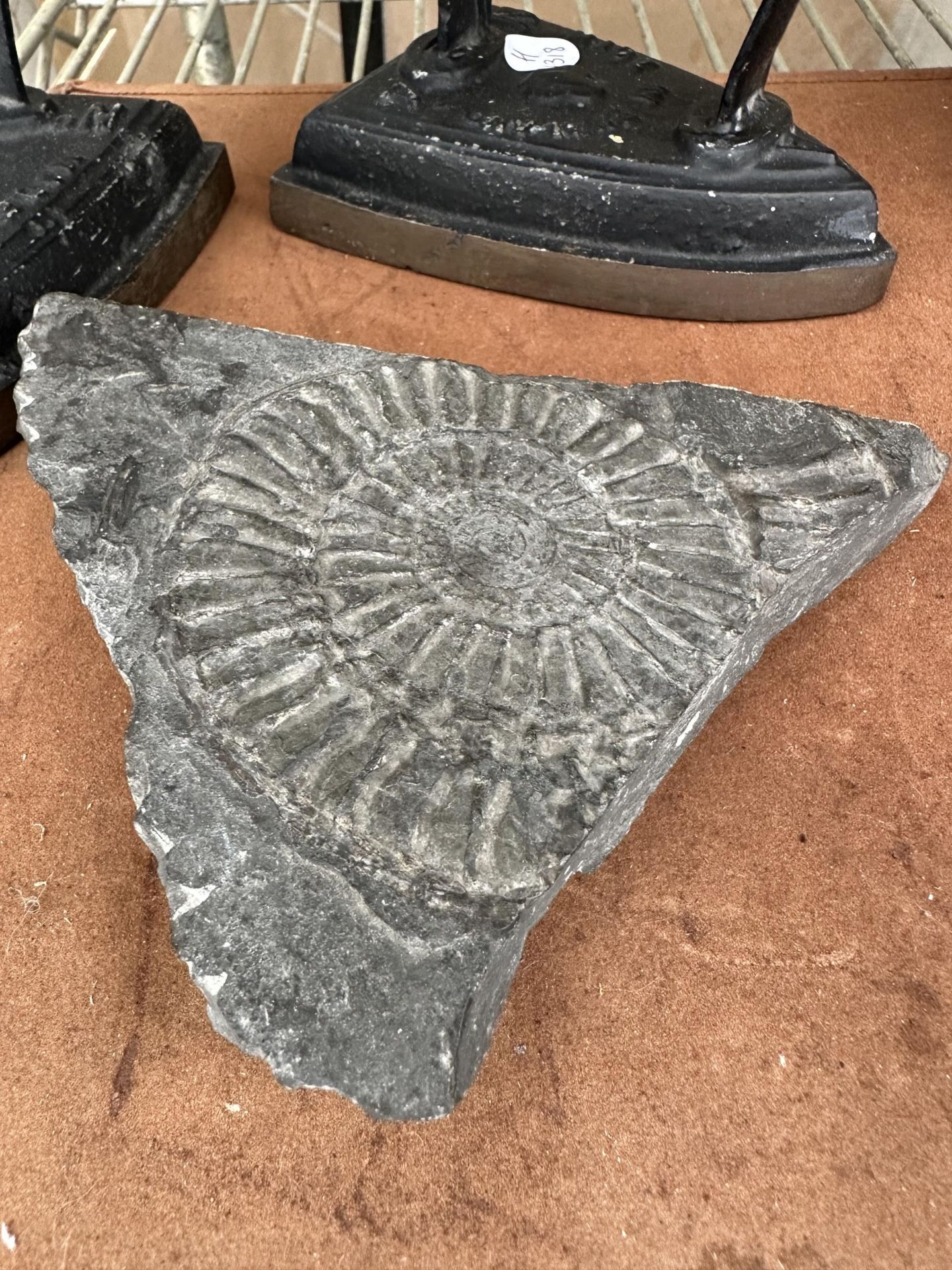 TWO VINTAGE FLAT IRONS AND A SLATE FOSSIL - Image 2 of 2