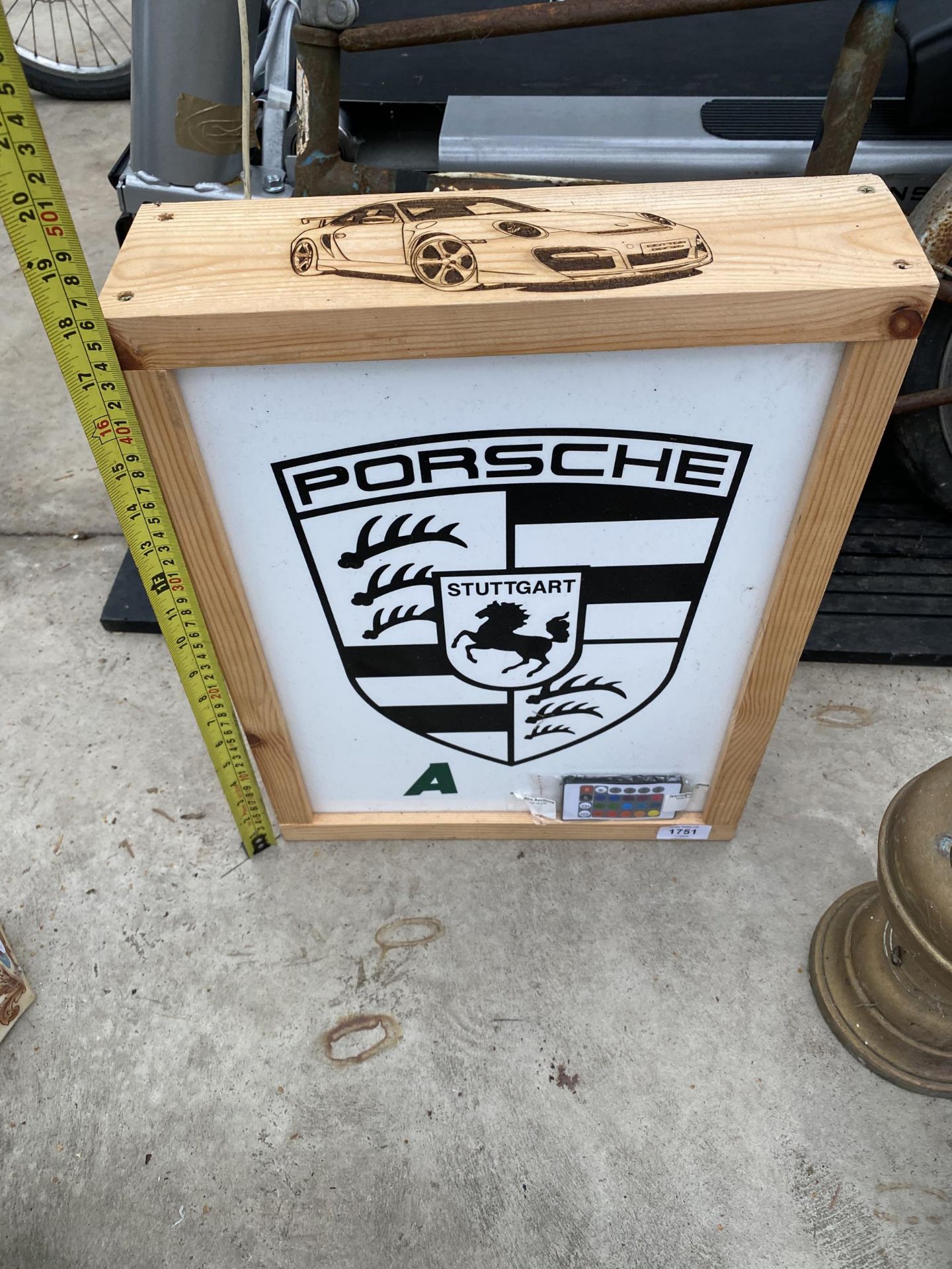 A WOODEN CASED ILLUMINATED PORSCHE SIGN WITH REMOTE CONTROL - Image 6 of 7