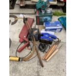 AN ASSORTMENT OF ITEMS TO INCLUDE CHISELS, A CHAINSAW SHARPENER AND AN ELECTRIC SANDER ETC