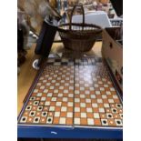 TWO VINTAGE GAMES BOARDS, A SMALL SUITCASE, BASKET AND OVAL MIRROR