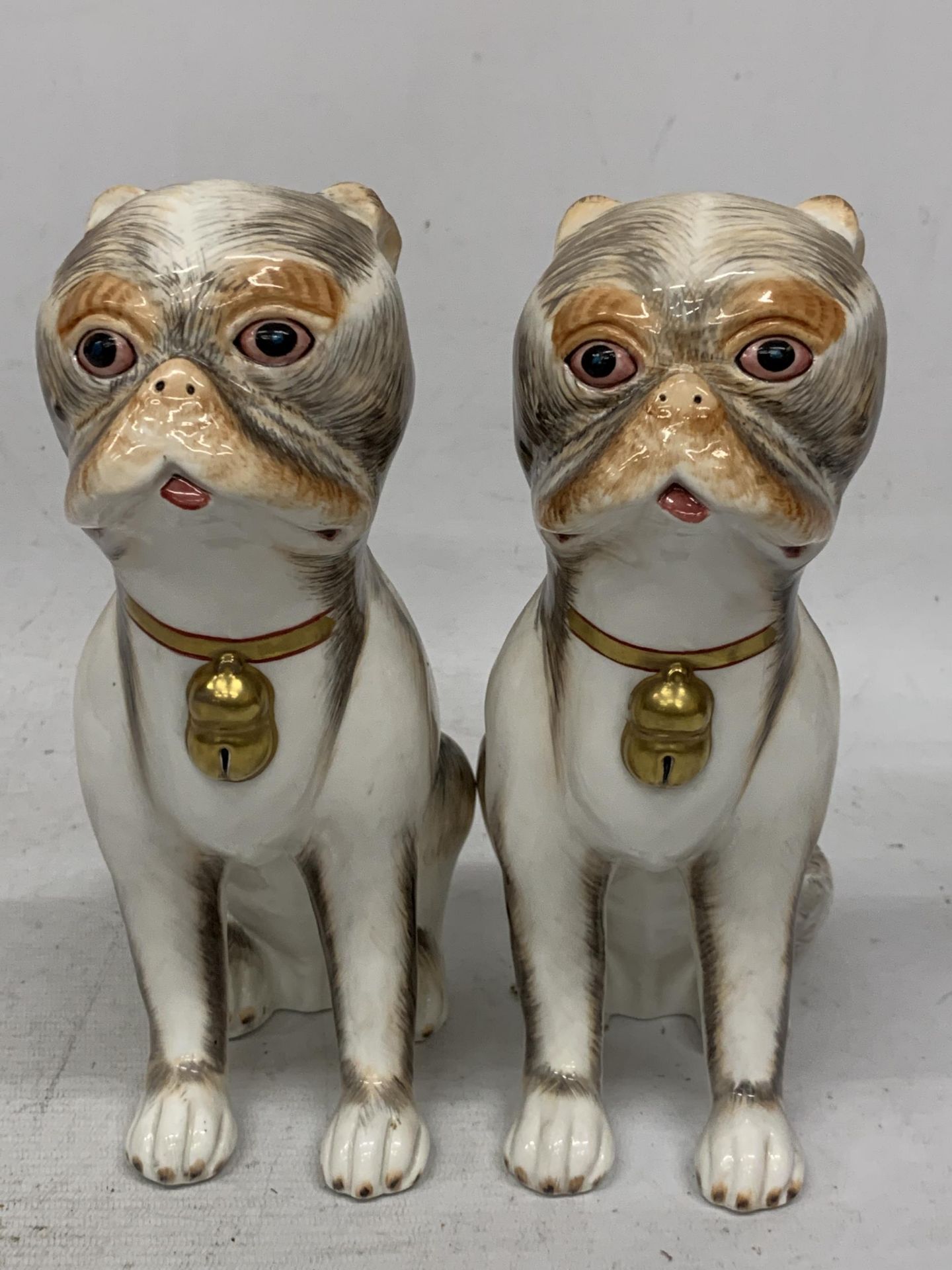 A PAIR OF UNUSUAL CONTINENTAL PORCELAIN DOG FIGURES WITH GILT COLOURED BELL COLLARS