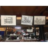 THREE FRAMED EMBROIDERY ON CLOTH IMAGES OF 'THE OLD CURIOSITY SHOP', ST MARY'S CHURCH, NANTWICH