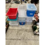 NINE VARIOUS PLASTIC STORAGE BOXES SOME WITH LIDS