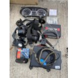 AN ASSORTMENT OF VEHICLE SPARES TO INCLUDE SEAT BELTS AND A DASHBOARD DISPLAY ETC