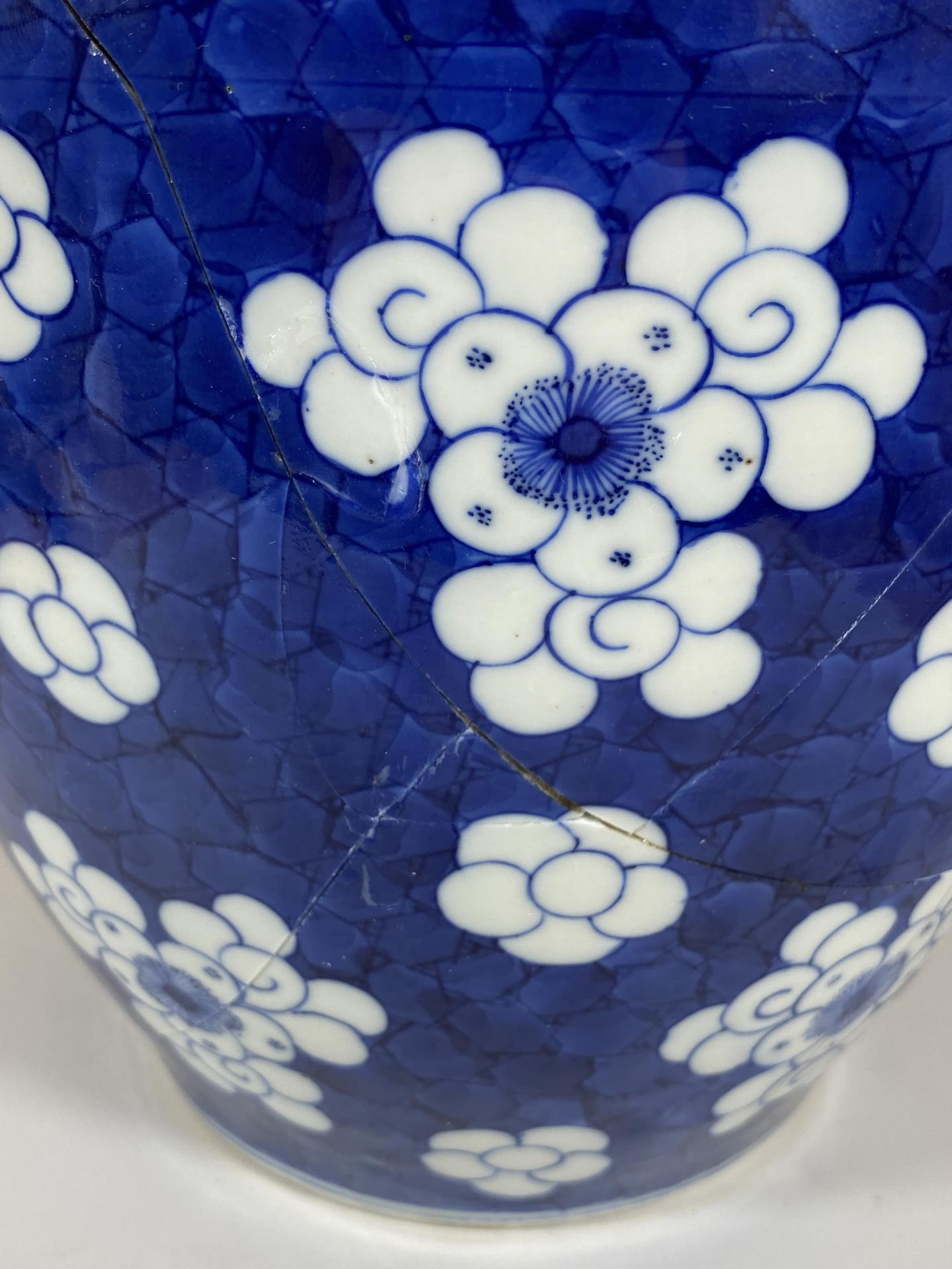 A LARGE 19TH CENTURY CHINESE BLUE AND WHITE PRUNUS BLOSSOM GINGER JAR WITH CARVED WOODEN LID, DOUBLE - Bild 12 aus 19