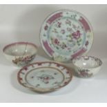 FOUR ITEMS - TWO 18TH CENTURY CHINESE FAMILLE ROSE PORCELAIN PLATES, LARGEST DIAMETER 22CM & TWO