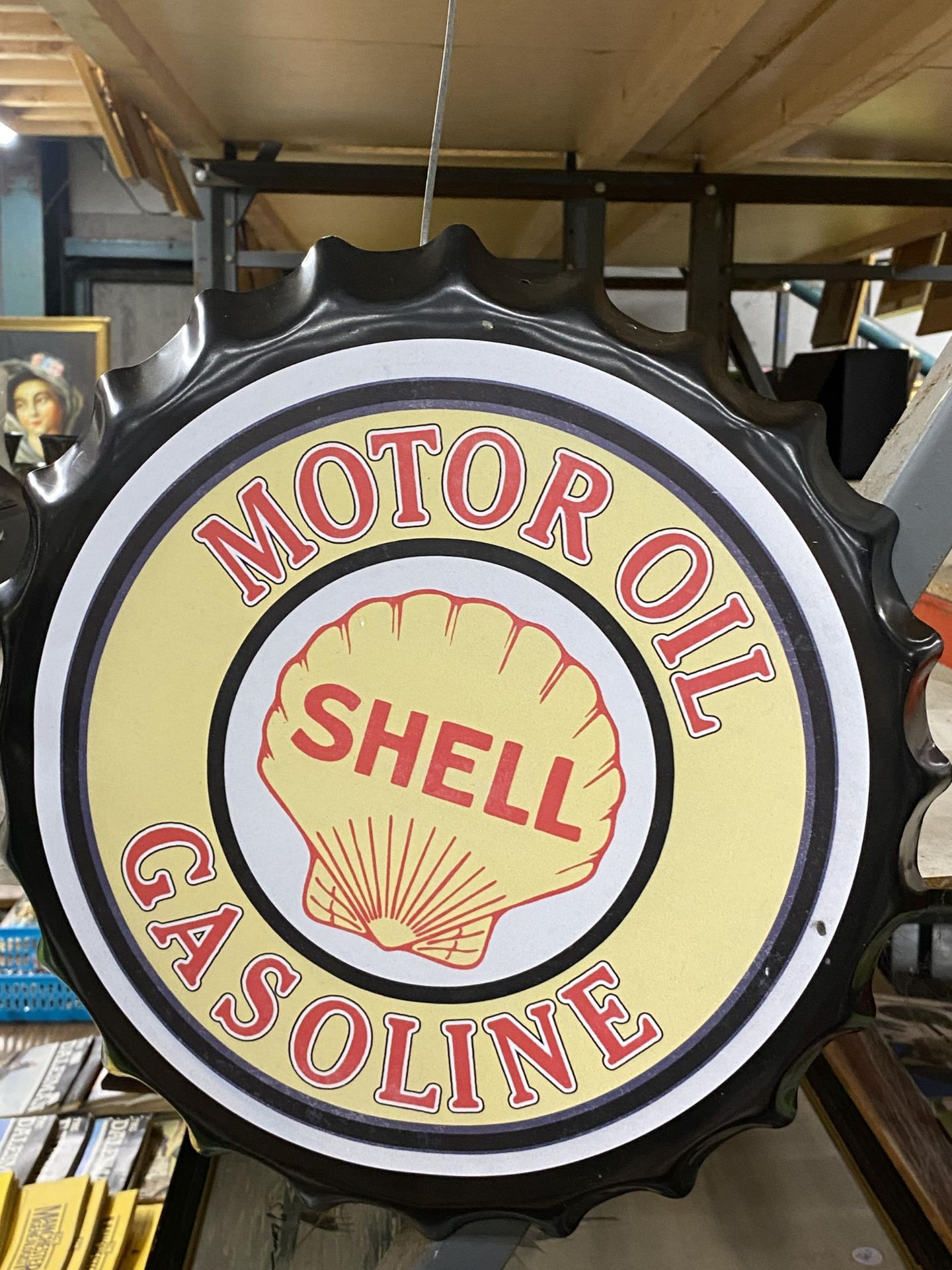 A MOTOR OIL SHELL GASOLINE METAL BOTTLE TOP SIGN