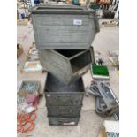 FIVE GALVANISED METAL STORAGE BOXES