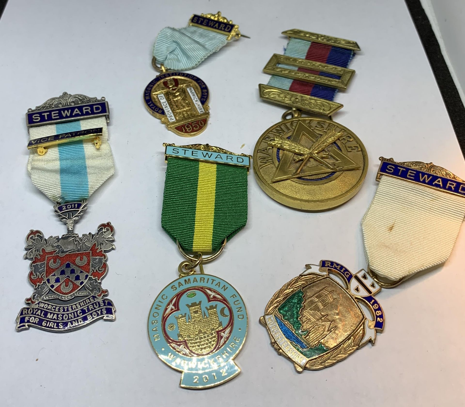 FIVE VARIOUS MASONIC MEDALS ON RIBBONS