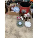 AN ASSORTMENT OF ITEMS TO INCLUDE GLASS AND CERAMIC ITEMS, A LAUNDRY BIN AND FRAMED PRINTS ETC