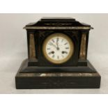 AN ANTIQUE RHODES & SONS BLACK MARBLE SLATE MANTLE CLOCK