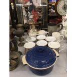 A MIXED LOT TO INCLUDE SILVER PLATED COFFEE POT, CANDLEABRA, LE CREUSET COOKING POT ETC