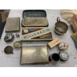 A MIXED LOT TO INCLUDE TWO ROLLS RAZORS, SILVER PLATED CIGARETTE CASES, ENAMELLED PILL BOXES, ETC