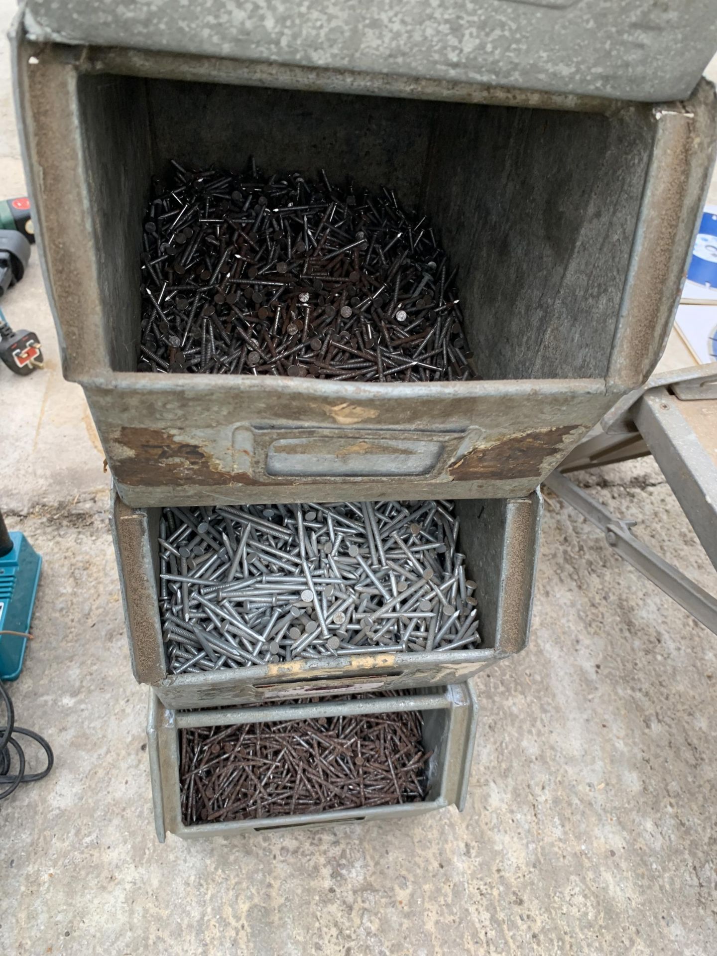 FOUR GALVANISED STORAGE BINS CONTAINING A LARGE QUANTITY OF NAILS - Image 2 of 2