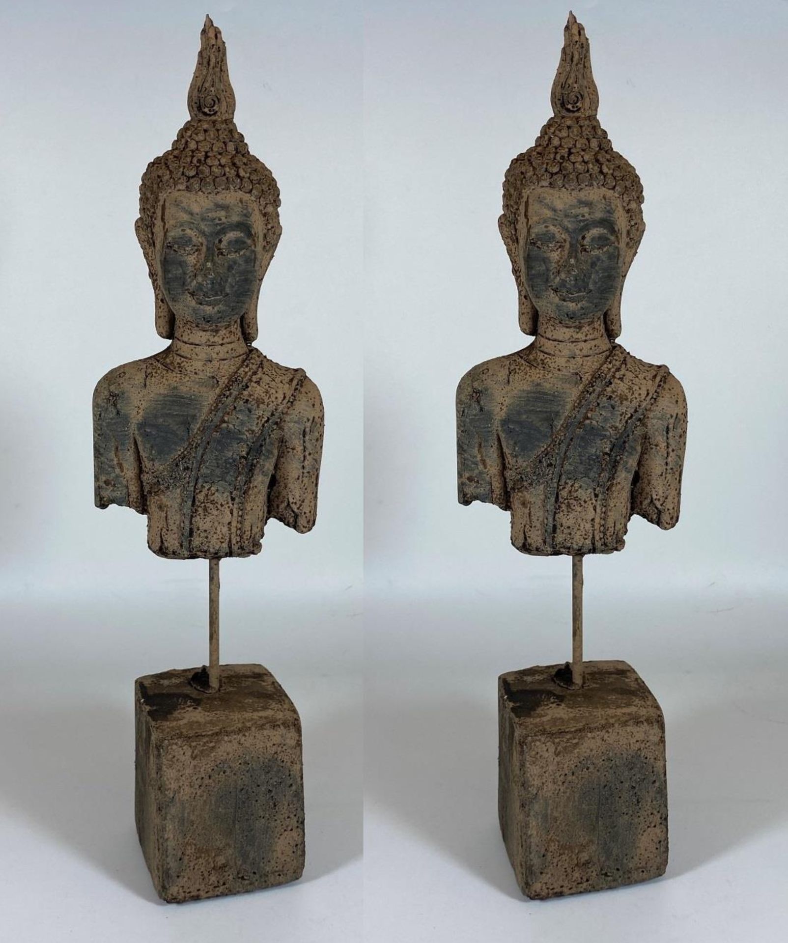 A PAIR OF DECORATIVE STONE BUDDHAS ON PLINTHS, HEIGHT 39CM