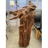 A LARGE IRISH BOGWOOD ART SCULPTURE, 46" HIGH AND 27" ACROSS MAX - BELIEVED TO BE 5000 - 10000 YEARS