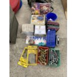 AN ASSORTMENT OF ITEMS TO INCLUDE CDS, BOLTS AND A CASH TIN ETC