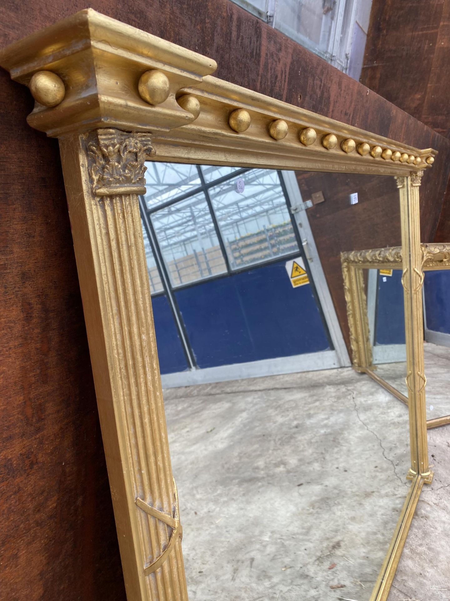 A 19TH CENTURY STYLE GILT FRAMED OVERMANTEL MIRROR WITH CORINTHIAN COLUMN SIDE SUPPORTS, 60 X 46" - Image 2 of 4