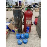 TWO FIRE EXTINGUISHERS AND TINS OF BUTANE GAS