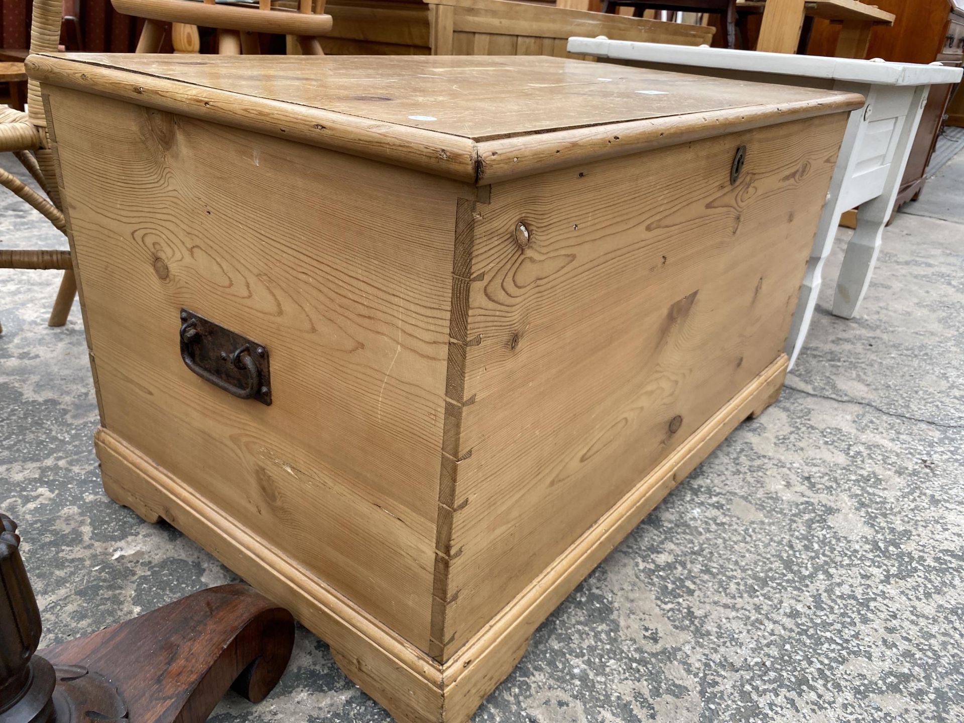 A VICTORIAN PINE BLANKET CHEST WITH CAST IRON CARRYING HANDLES, 36 X 22" - Image 3 of 3