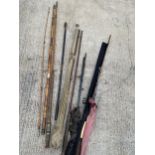 AN ASSORTMENT OF FISHING RODS TO INCLUDE SPLIT CANE EXAMPLES AND TO ALSO INCLUDE A HARDY EXAMPLE