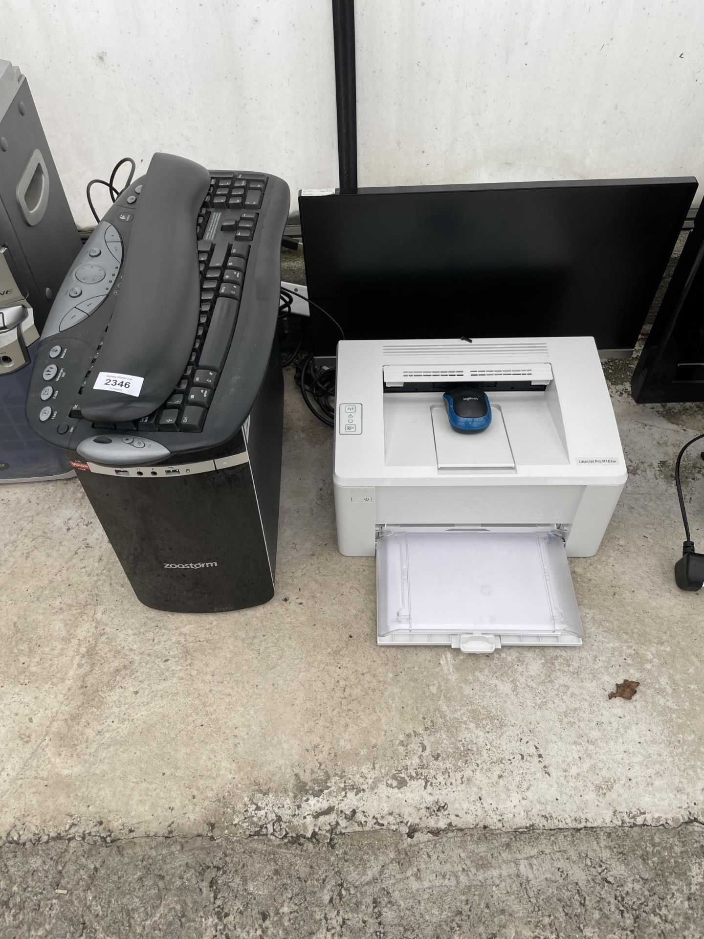 AN ASSORTMENT OF ITEMS TO INCLUDE A LASERJET PRINTER, A COMPUTER MONITER AND A ZOOSTORM COMPUTER