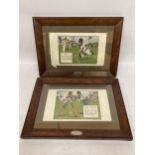 A PAIR OF OAK FRAMED J CURRIE CRICKET SPORTING PRINTS WITH PRESENTATION PLAQUES FOR H.M.S KING