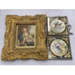 A SMALL GILT FRAMED PORTRAIT PLUS TWO MINIATURES OF CHILDREN ON PONIES