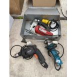 THREE POWER TOOLS TO INCLUDE A BLACK AND DECKER DRILL AND A KANCO 110V JIGSAW ETC