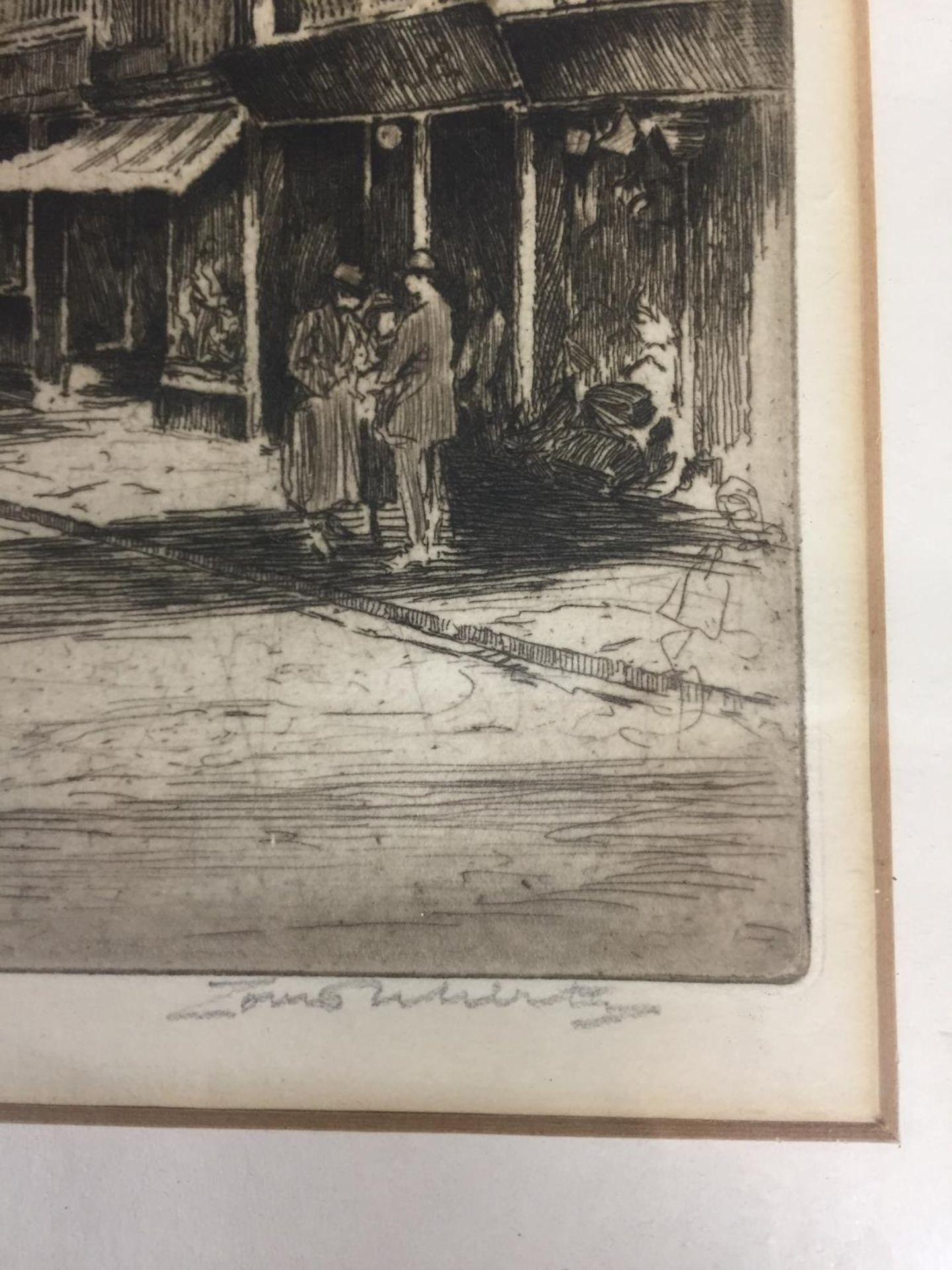 A FRAMED PRINT OF A VINTAGE STREET SCENE, SIGNED IN PENCIL - Image 2 of 2