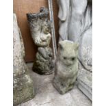 A SMALL RECONSTITTUED STONE CAT AND A CHERUB WATER FEATURE