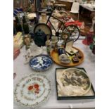 A LARGE MIXED LOT TO INCLUDE THE ORIENT EXPRESS MEMORABILIA, A CLOCK IN THE SHAPE OF A BICYCLE,