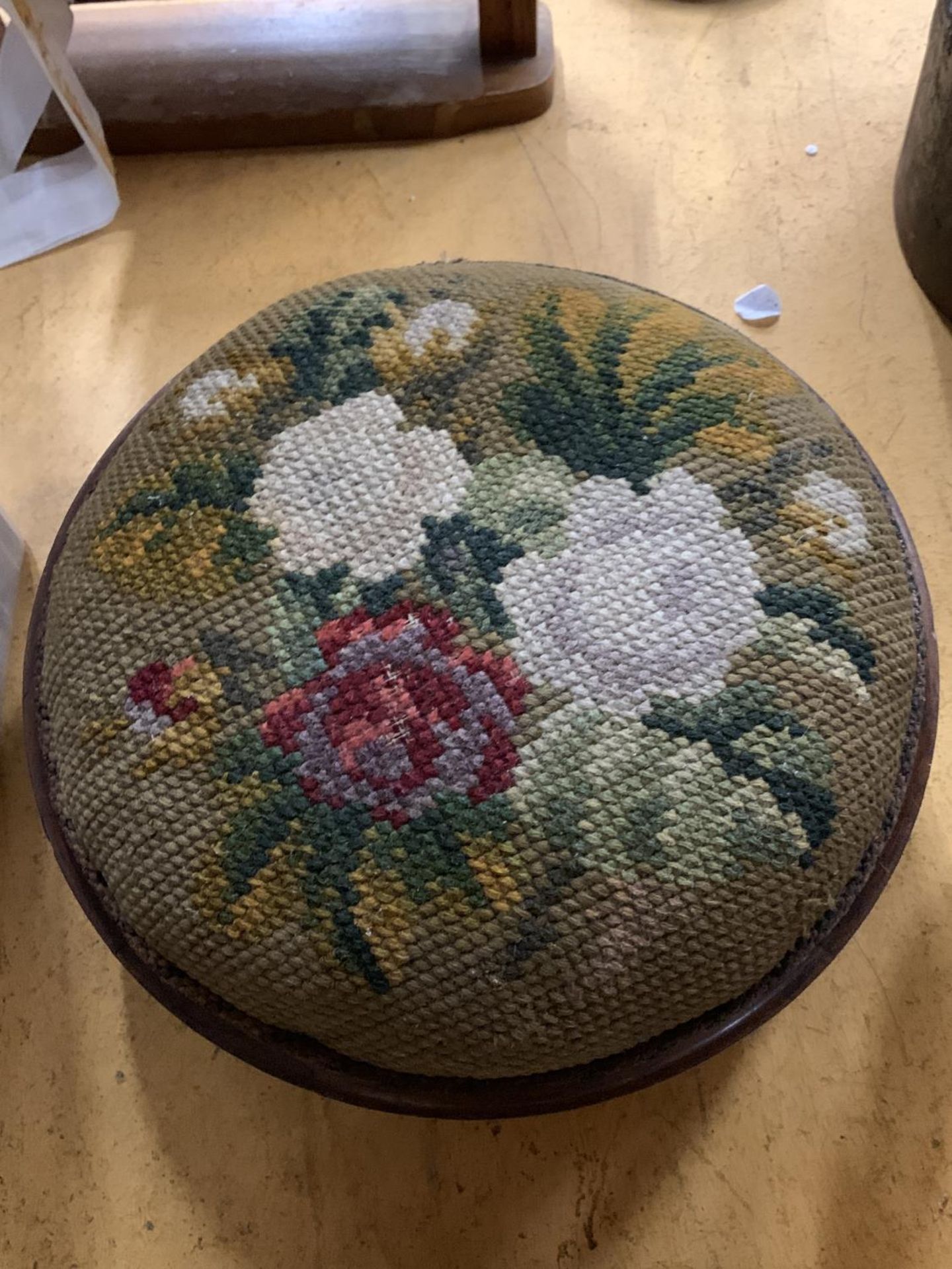 TWO VINTAGE FOOTSTOOLS WITH INLAID BANDING AND TAPESTRY TOPS - Image 3 of 3