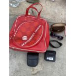 A RETRO SQUASH BAG, TWO PAIRS OF BINOCULARS AND THREE PAIRS OF SUN GLASSES