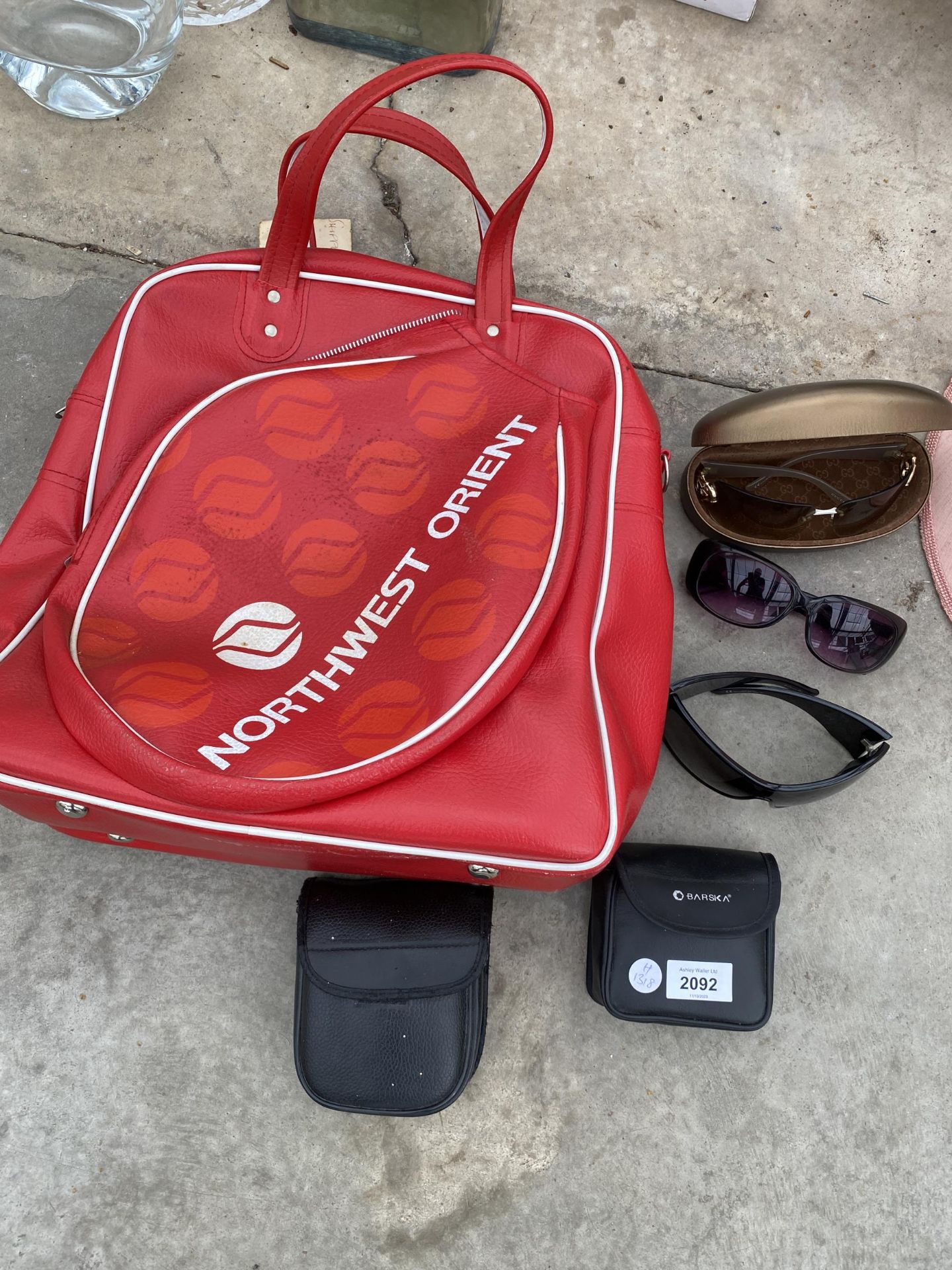 A RETRO SQUASH BAG, TWO PAIRS OF BINOCULARS AND THREE PAIRS OF SUN GLASSES