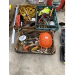 AN ASSORTMENT OF ITEMS TO INCLUDE HAMMERS, A BATTERY CHARGER AND ELECTRIC CABLE ETC