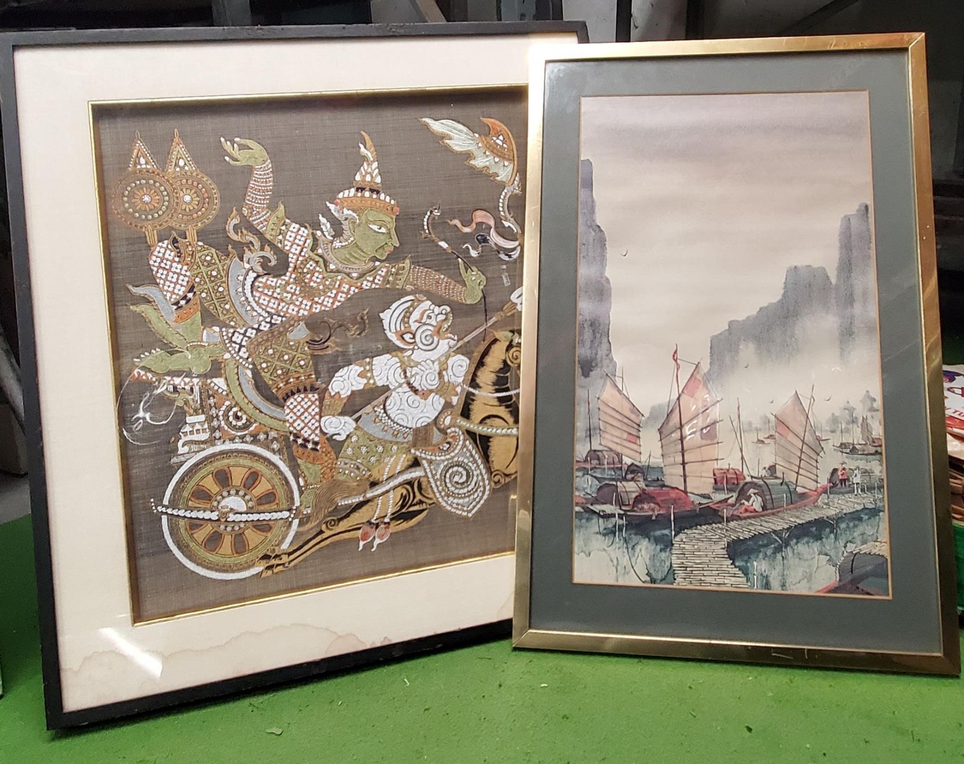 TWO FRAMED PICTURES TO INCLUDE AN ORIENTAL SILK PICTURE OF GODS