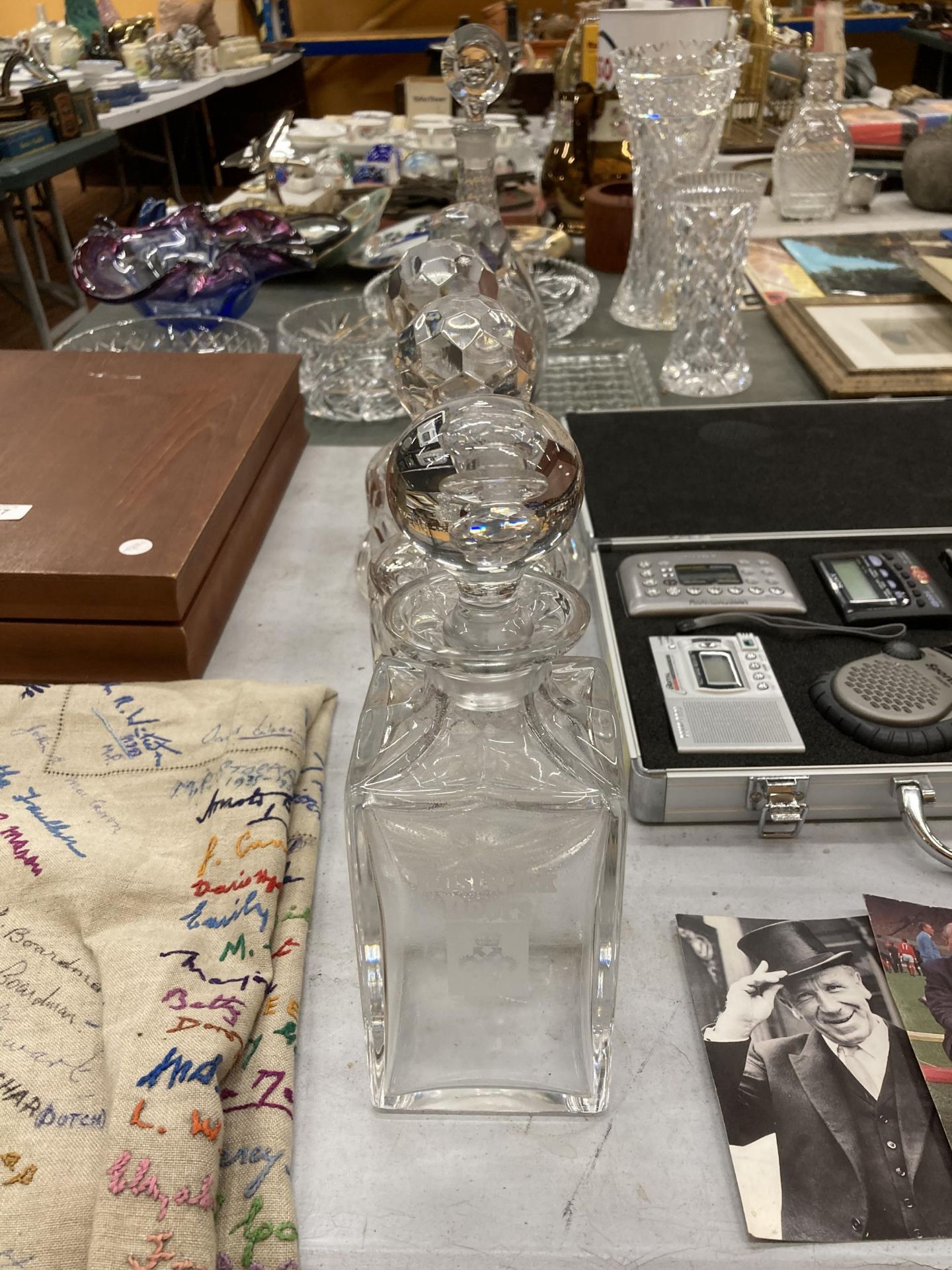 FIVE GLASS DECANTERS TO INCLUDE THREE CUT GLASS