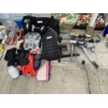 A LARGE ASSORTMENT OF ITEMS TO INCLUDE A HAND WINCH, MOTORBIKE BOOTS AND BODY PADS ETC