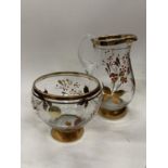 A BOWL AND A JUG FROM ROMANIA WITH FLORAL AND GILT DECORATION