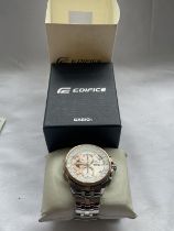 AN AS NEW AND BOXED CASIO EDIFICE WRIST WATCH SEEN WORKING BUT NO WARRANTY