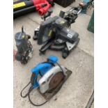 AN ASSORTMENT OF POWER TOOLS TO INCLUDE AN EVOLUTION COMPOUND MITRE SAW AND A ROUTRE ETC