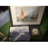 THREE FRAMED WATERCOLOURS, AN ORIENTAL STYLE MAN ON A BRIDGE WITH THE SEA IN THE BACKGROUND,