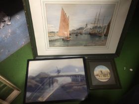 THREE FRAMED WATERCOLOURS, AN ORIENTAL STYLE MAN ON A BRIDGE WITH THE SEA IN THE BACKGROUND,