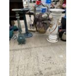 AN ASSORTMENT OF ITEMS TO INCLUDE A CERAMIC JARDINAIRE STAND, A PLASTIC BIRDBATH AND A CANDLESTICK